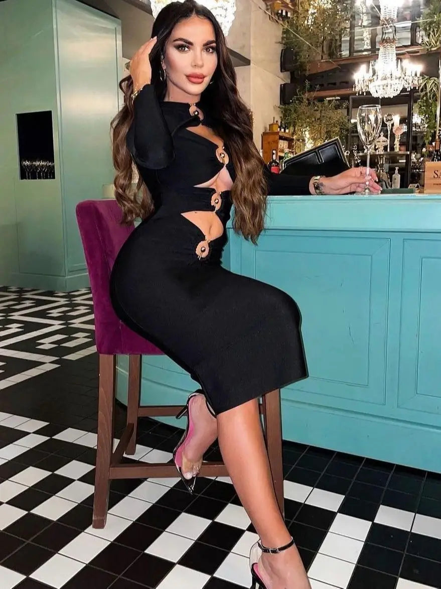 Black Hollow Out Midi Bandage Dress For Women Evening