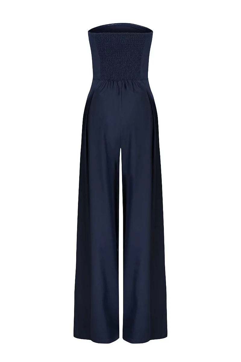 Elegant Women's Backless Off Shoulder Jumpsuit with Pockets Wide Leg Loose Fit Summer Overalls Casual Sexy Bodysuit