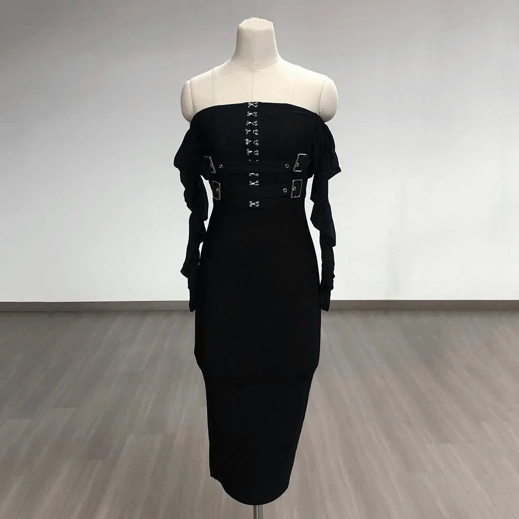 Off Shoulder Bandage Dress Women Lace Mesh Belt Midi Party