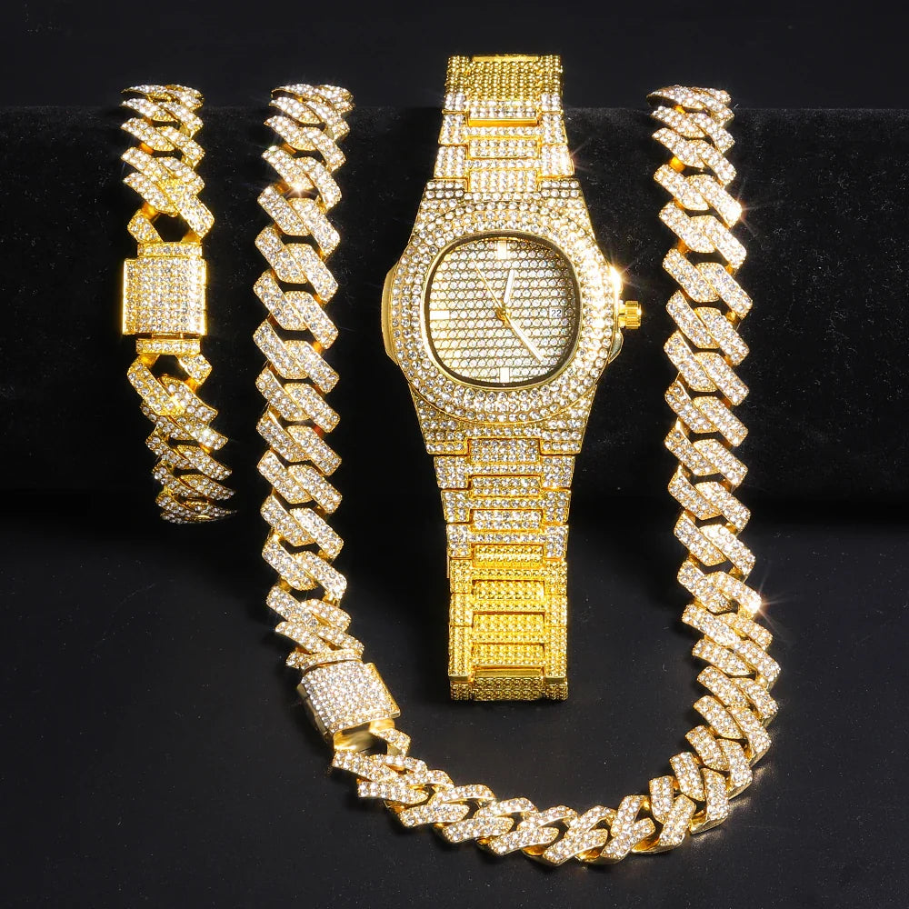 Gold Color Cuban Chain Watch for Men with Iced Out Rhinestones Hip Hop Style Necklace and Bracelet Jewelry