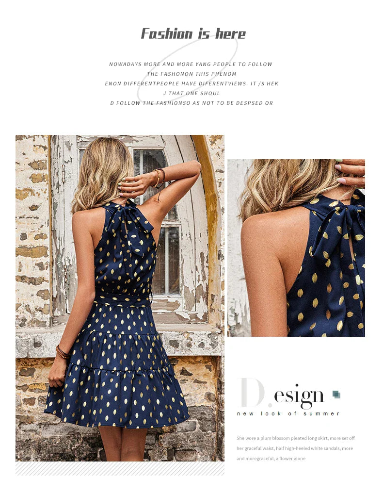 Sleeveless Dot Print Midi Dress With A Line Silhouette