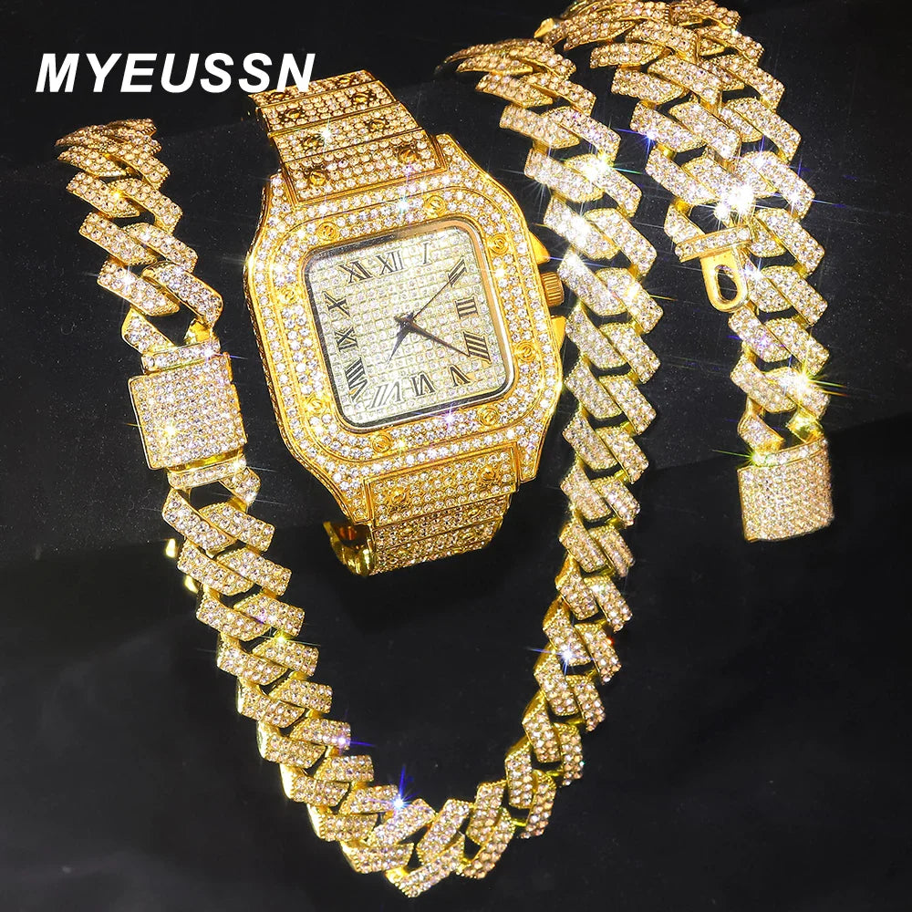 Gold Color Cuban Chain Watch for Men with Iced Out Rhinestones Hip Hop Style Necklace and Bracelet Jewelry