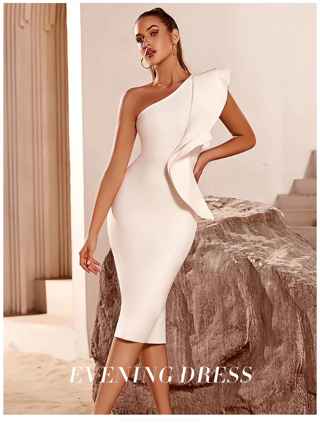 One Shoulder Black Bodycon Bandage Dress Midi For Party