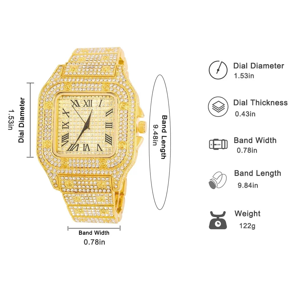 Gold Color Cuban Chain Watch for Men with Iced Out Rhinestones Hip Hop Style Necklace and Bracelet Jewelry