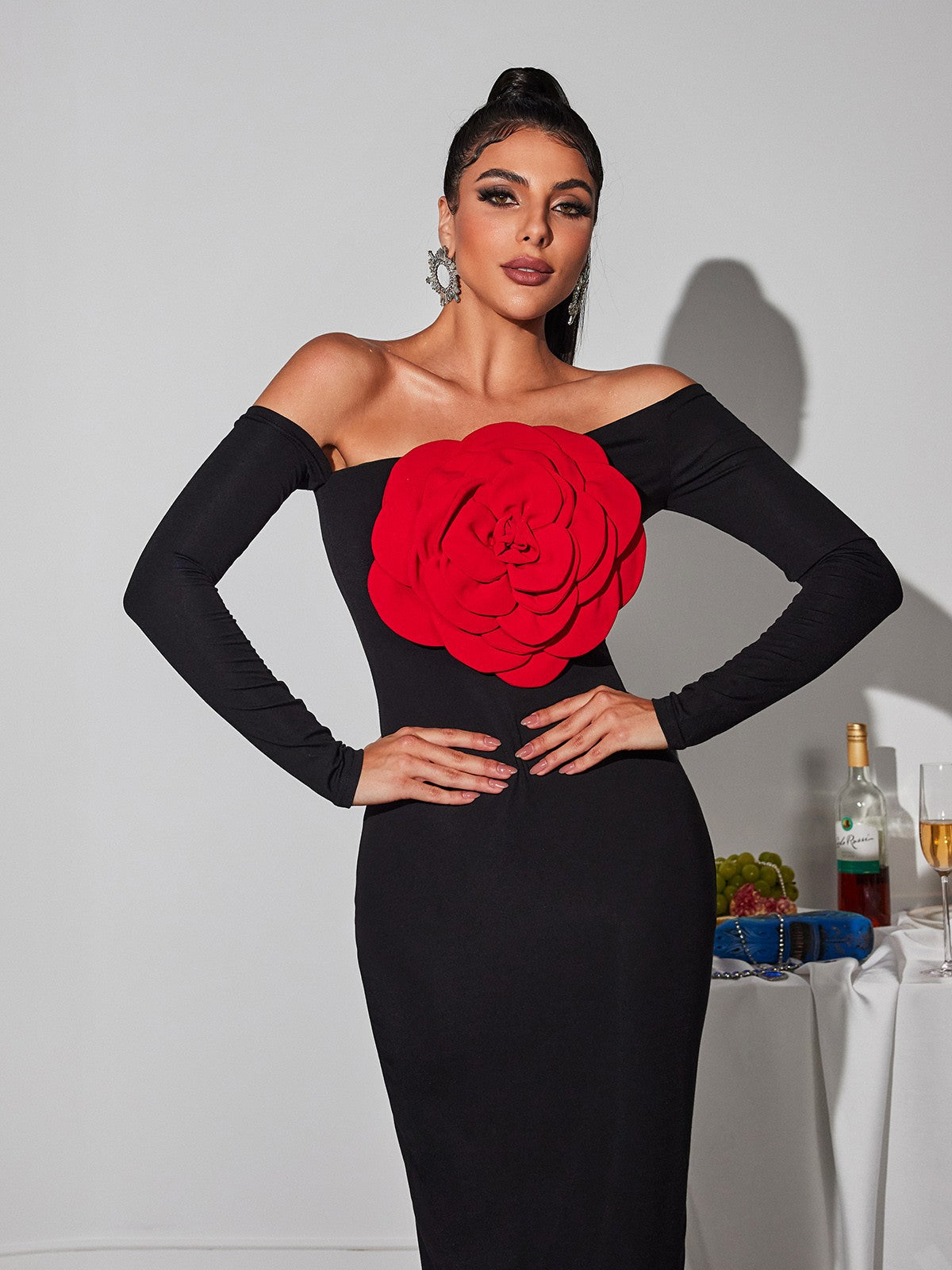 Claus Off Shoulder Red Flower Maxi Dress