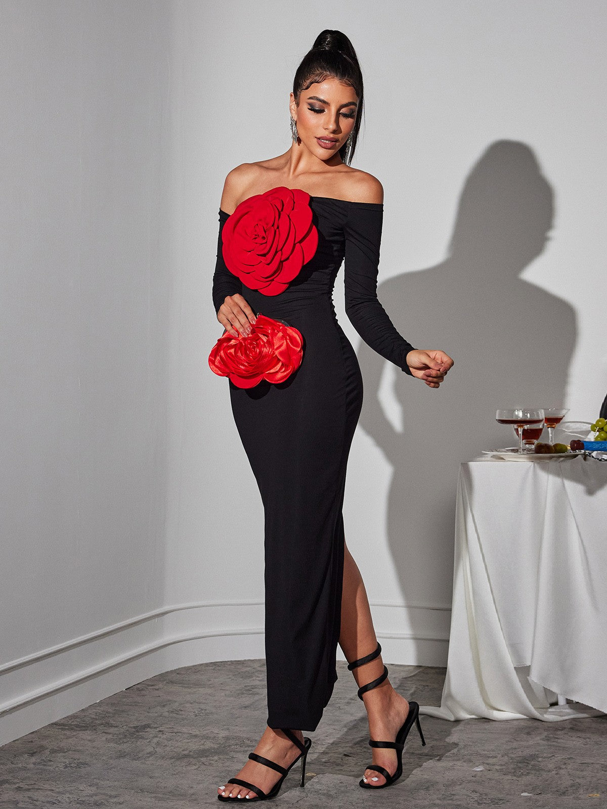 Claus Off Shoulder Red Flower Maxi Dress