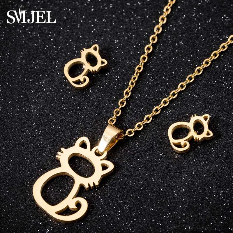 Gold Color Cat Jewelry Set for Men with Hollow Cat Necklace and Paw Earrings