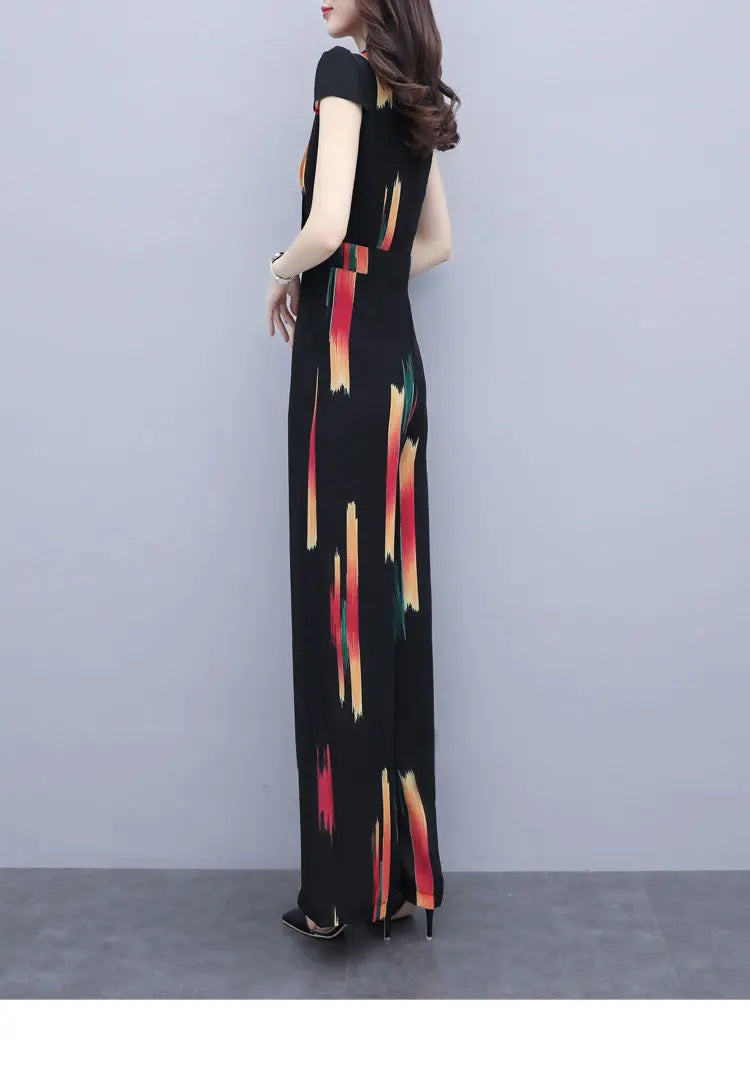 Women's Elegant V-Neck Bodysuit Jumpsuit with High Waist Wide Leg Pants Casual Printed Playsuit Romper