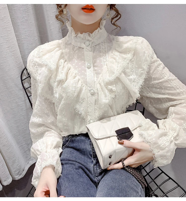 Elegant Women Long Sleeve Loose Button Shirt with Stand Collar Pleated Design Ruffle Lace Blouse Casual Spring Fashion Top