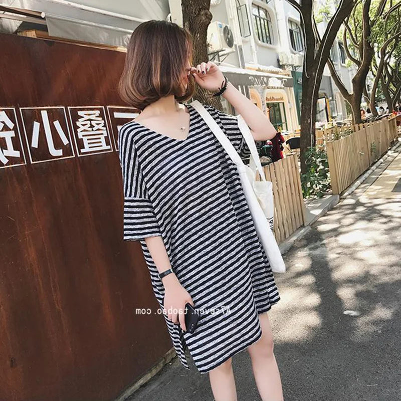 Summer Women's Striped T-Shirt Dress Loose Fit Short Sleeve Casual Tee for Home Wear