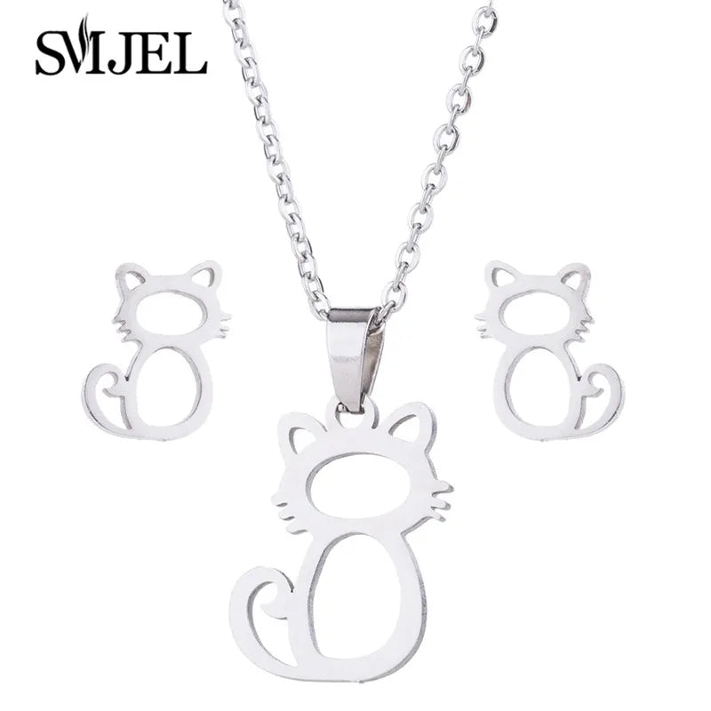 Gold Color Cat Jewelry Set for Men with Hollow Cat Necklace and Paw Earrings