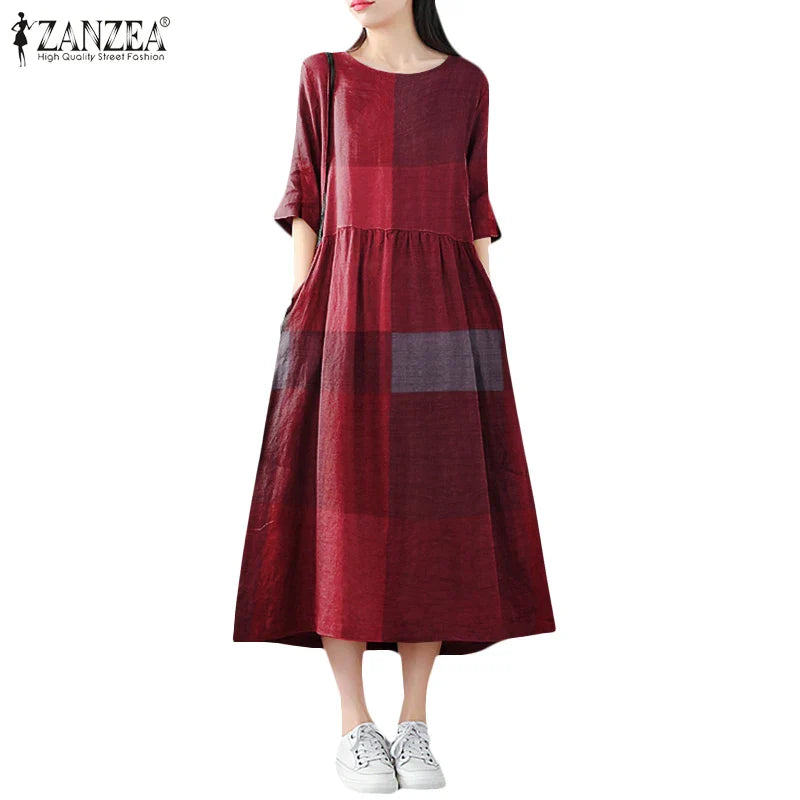Cotton Linen Dress Plaid Midi With Side Pockets O Neck