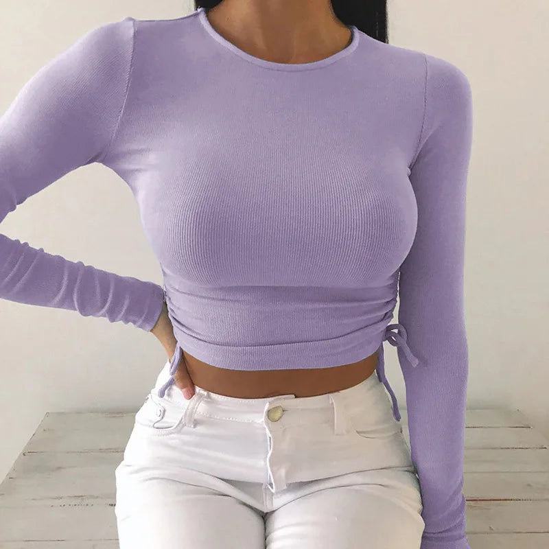 Sexy O-Neck Long Sleeve Bodycon Cropped Top with Irregular Drawstring Bandage Design for Women