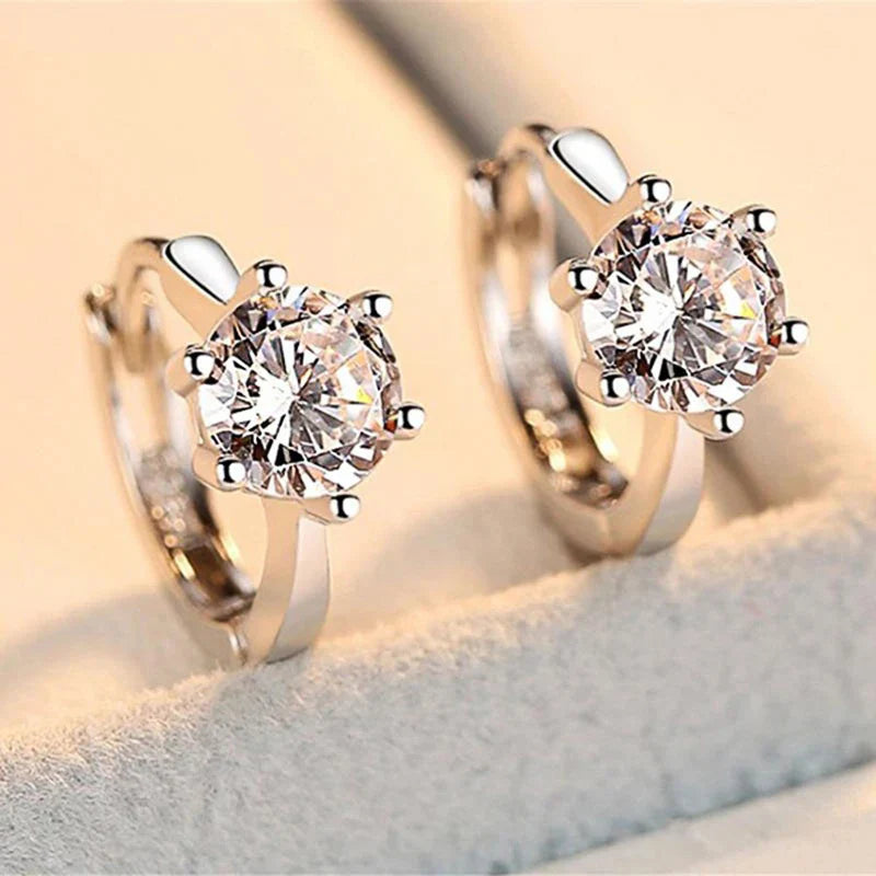 Simple Small Hoop Earrings with Classic 6 Prong Solitaire Shiny Zircon Elegant Design for Daily Wear