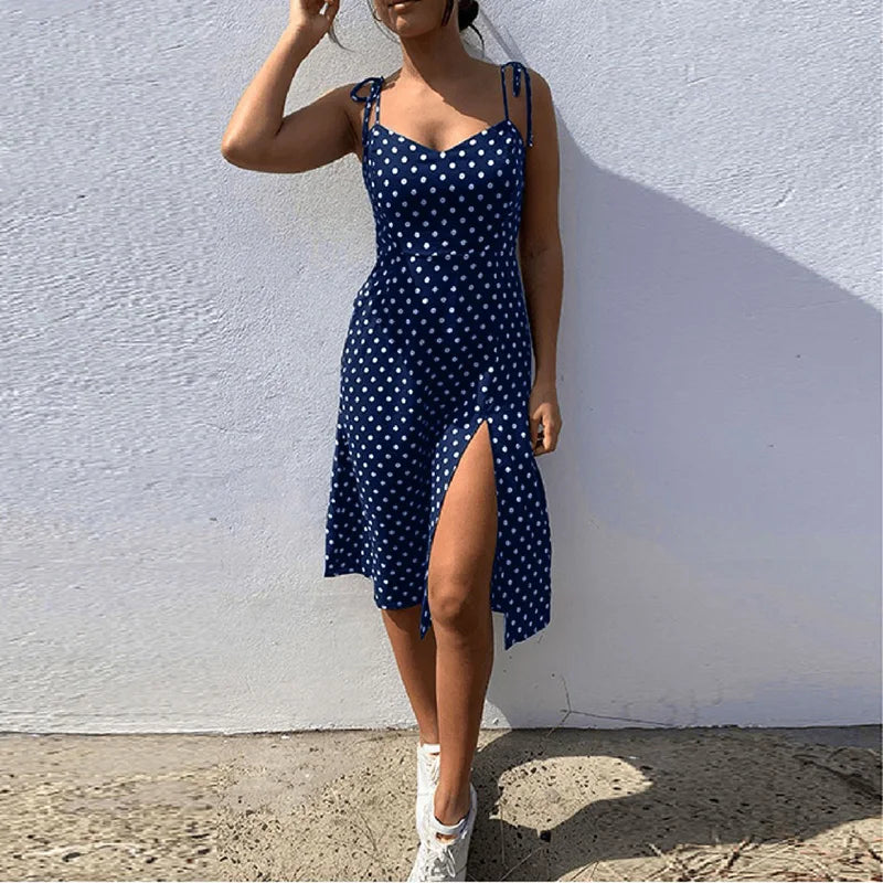Polka Dot Sleeveless Sundress With Elastic Waist V Neck