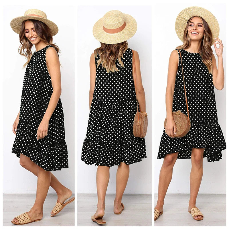 Polka Dot Dress Ruffled Sleeveless Women Round Neck
