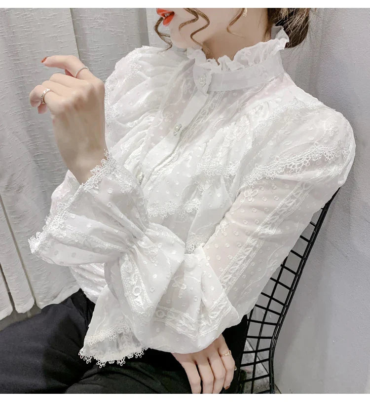 Elegant Women Long Sleeve Loose Button Shirt with Stand Collar Pleated Design Ruffle Lace Blouse Casual Spring Fashion Top