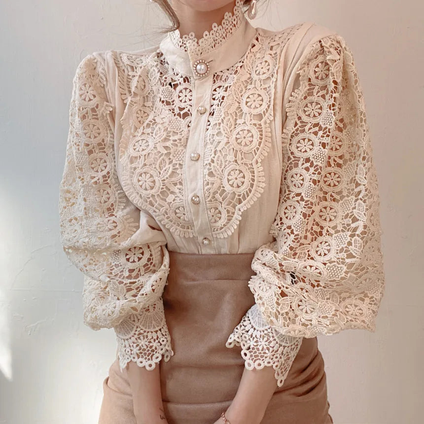 Elegant Hollow Out Long Sleeve Women Blouse with Petal Sleeves and Stand Collar, Stylish Office Shirt for Autumn Fashion