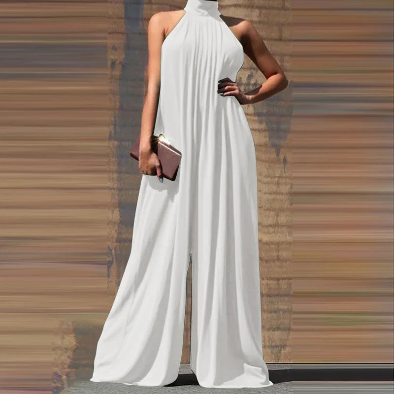 Elegant Sleeveless Wide Leg Jumpsuit for Women Party Casual Holiday Maxi Romper with Stand Collar and Back Button Closure
