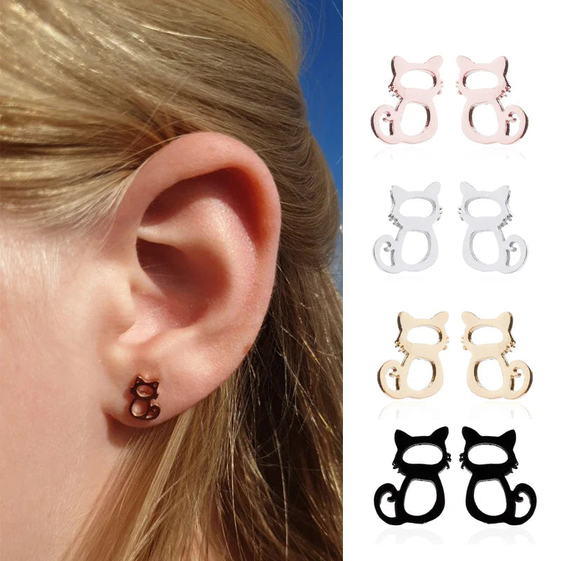 Gold Color Cat Jewelry Set for Men with Hollow Cat Necklace and Paw Earrings