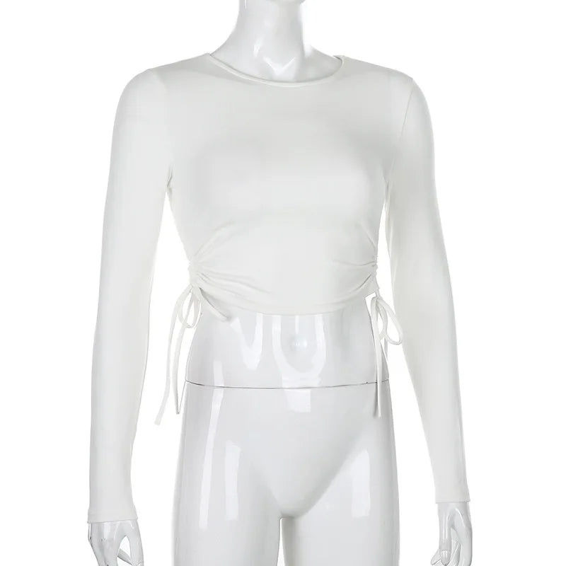 Sexy O-Neck Long Sleeve Bodycon Cropped Top with Irregular Drawstring Bandage Design for Women