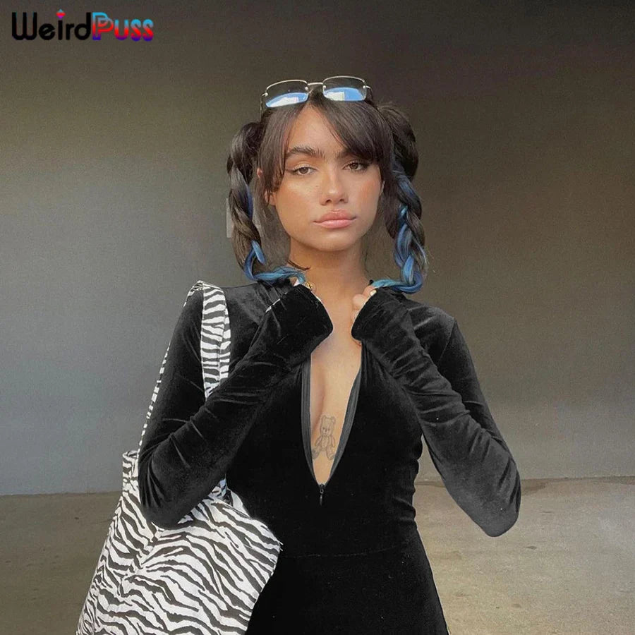 Weird Puss Velvet Zipper Hoodie Jumpsuit for Women Long Sleeve Skinny Stretchy Fitness Activewear Autumn Trend Hot Street Outfit