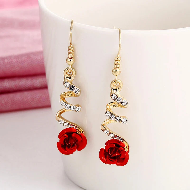 Vintage Red Rose Drop Earrings with Rhinestone Flowers for Weddings and Engagement Parties