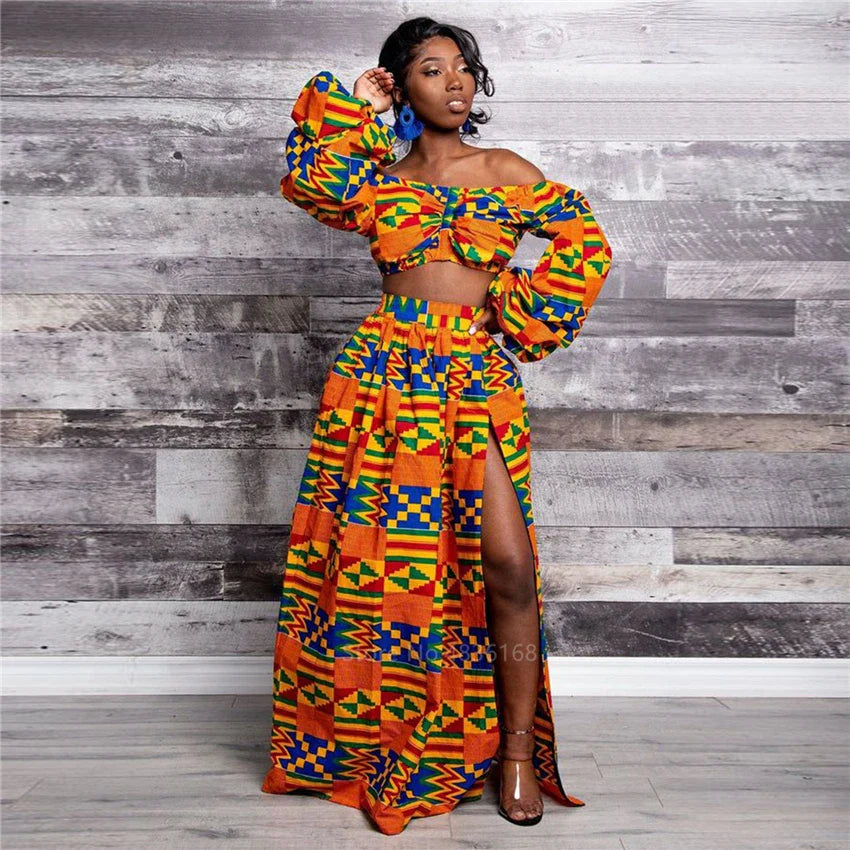 Women's Autumn African Dashiki 2-Piece Set Full Sleeve Off Shoulder Top with Feather Print and Split Skirt Traditional Ethnic Clothing