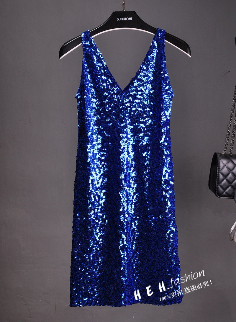 Sequin Dress Sleeveless Backless V Neck Party Nightclub
