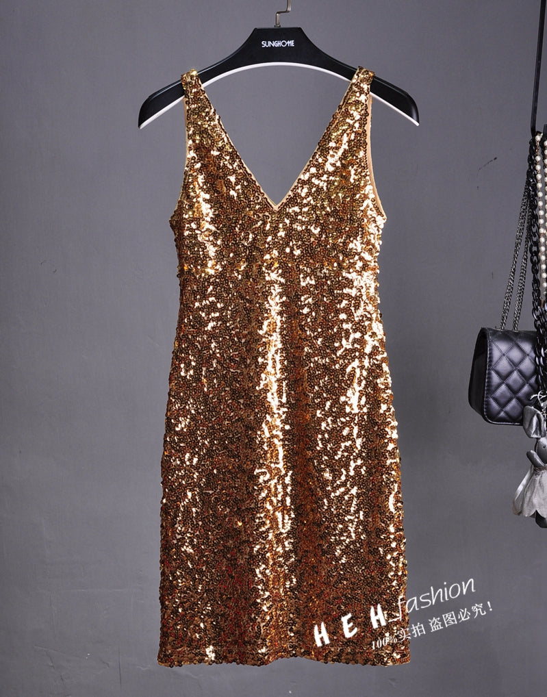 Sequin Dress Sleeveless Backless V Neck Party Nightclub