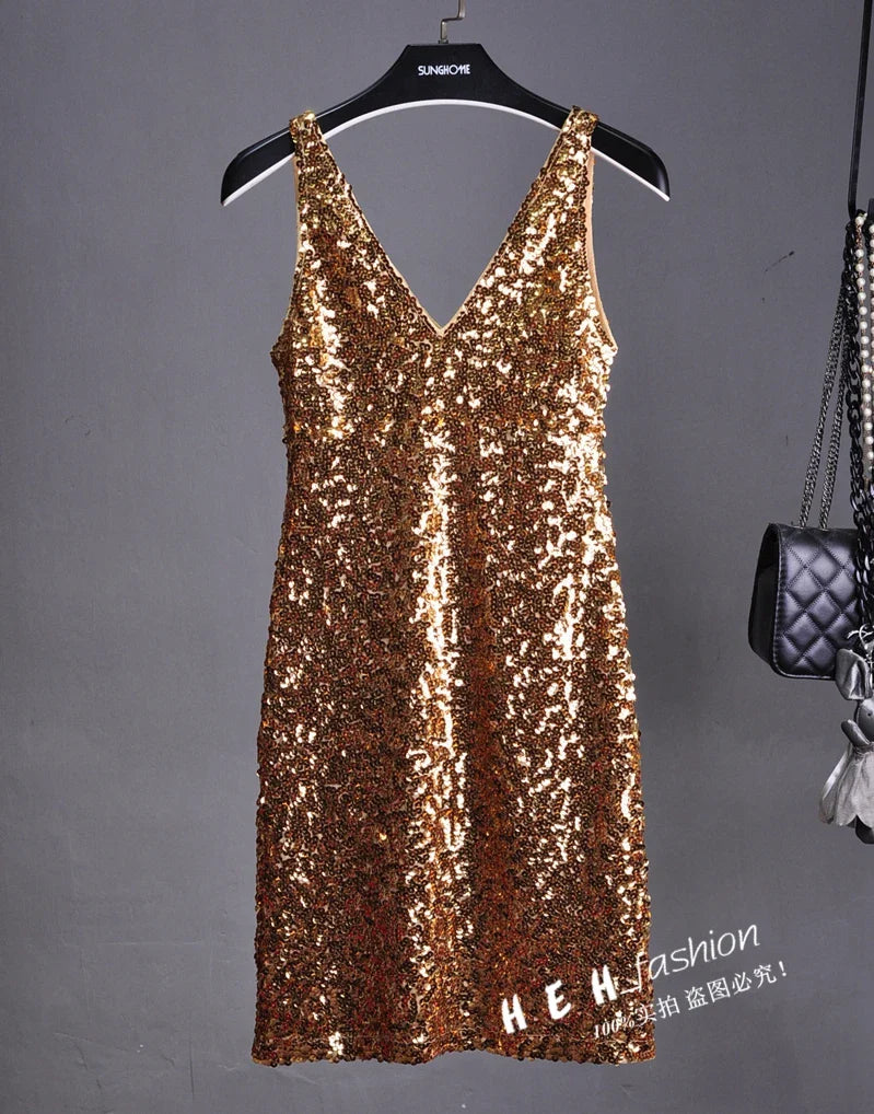 Sequin Dress Sleeveless Backless V Neck Party Nightclub