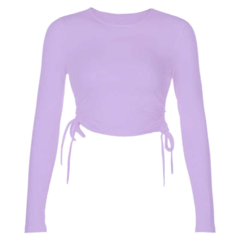 Sexy O-Neck Long Sleeve Bodycon Cropped Top with Irregular Drawstring Bandage Design for Women