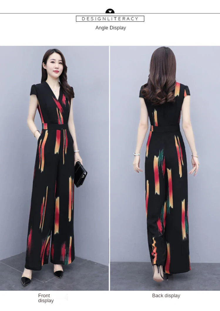 Women's Elegant V-Neck Bodysuit Jumpsuit with High Waist Wide Leg Pants Casual Printed Playsuit Romper