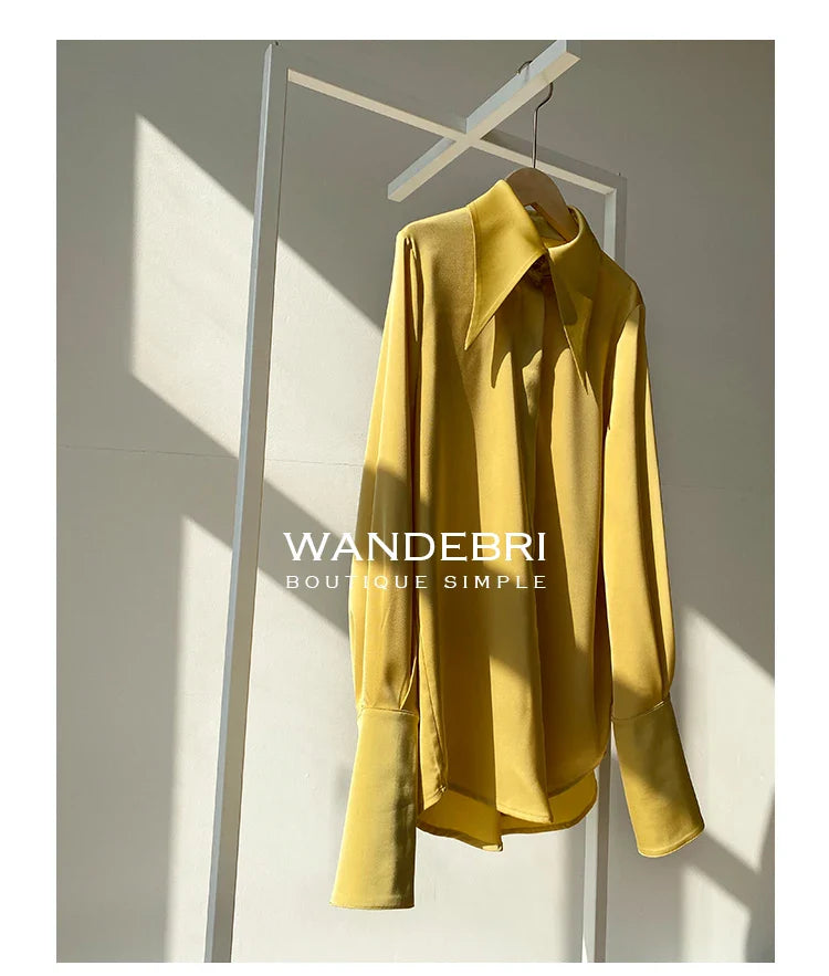 Elegant Turn Down Collar Satin Silk Blouse Vintage Button Closure White Lantern Sleeve Office Lady Shirt Chic Feminine Top