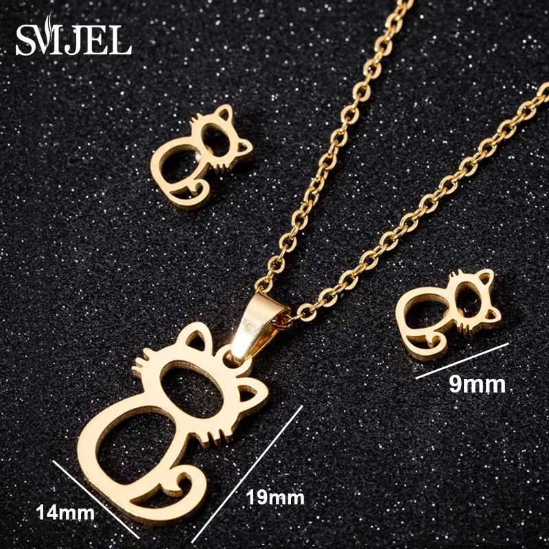 Gold Color Cat Jewelry Set for Men with Hollow Cat Necklace and Paw Earrings