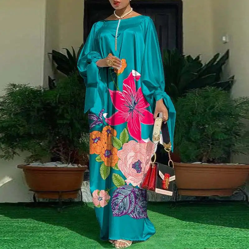 Floral Bohemian Maxi Dress Satin Silk Look Elegant Summer