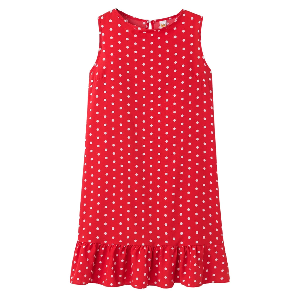 Polka Dot Dress Ruffled Sleeveless Women Round Neck