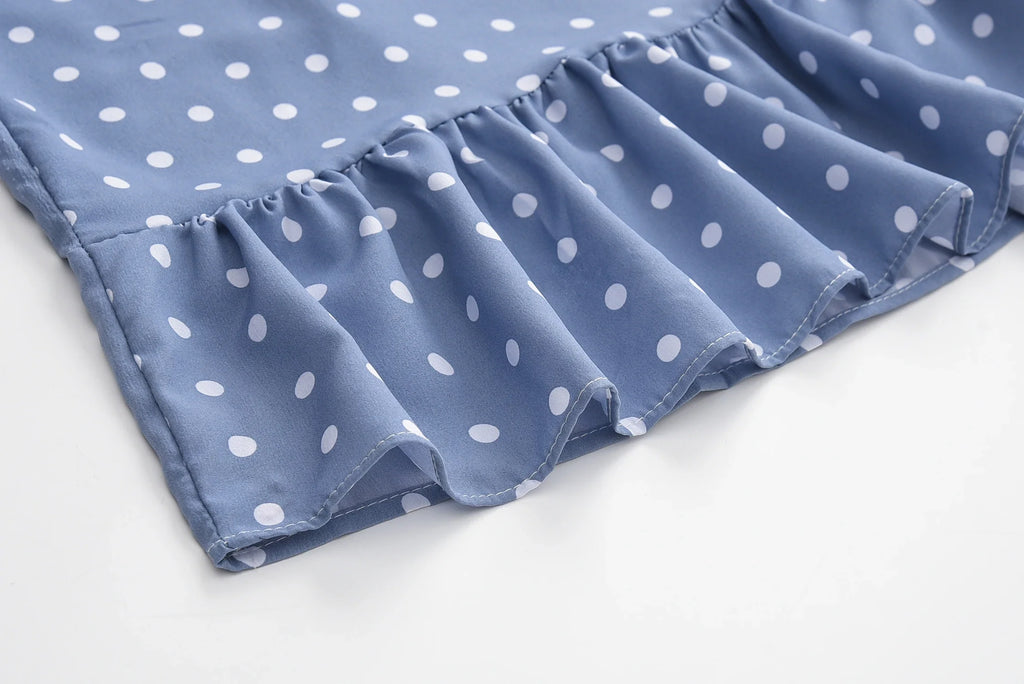 Polka Dot Dress Ruffled Sleeveless Women Round Neck