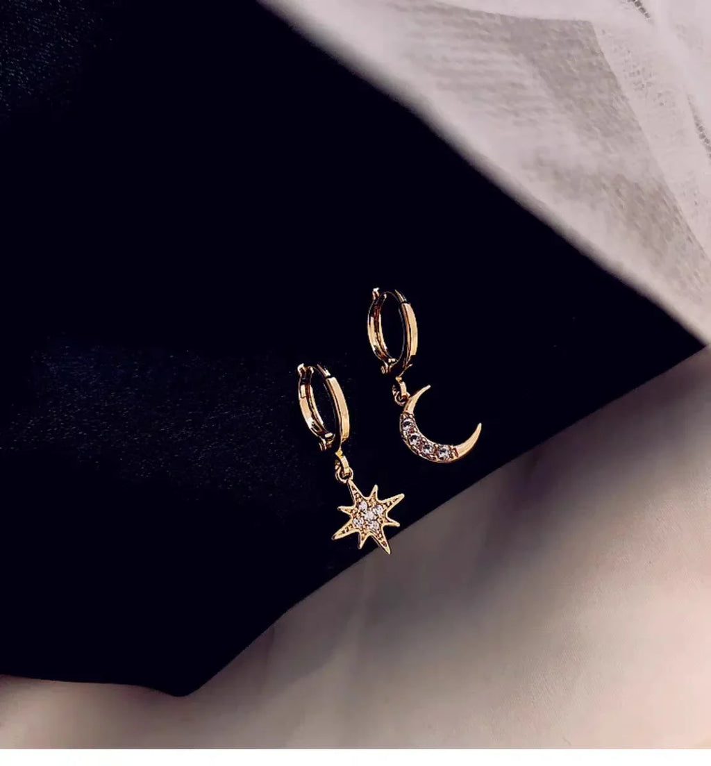 925 Sterling Silver CZ Star Moon Asymmetric Hoop Earrings for Women and Girls Party Jewelry Gifts