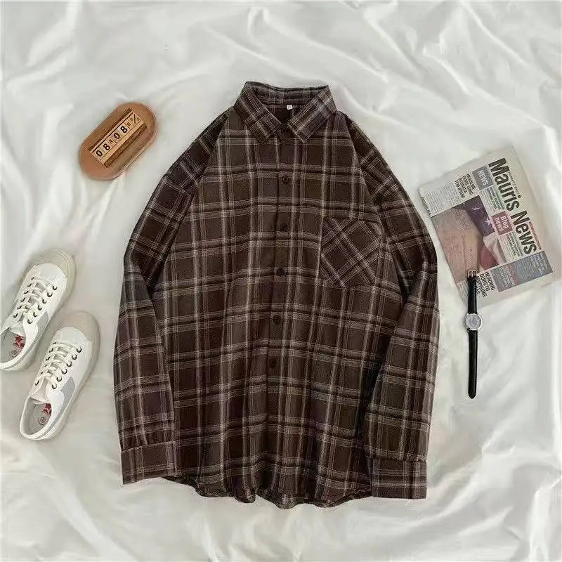 Vintage Plaid Oversize Button Up Shirt for Women Long Sleeve Casual Fall Outwear Top Blusas Mujer