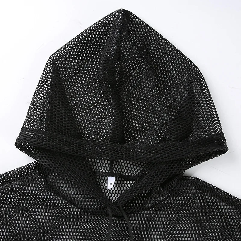 Womens Hollow Mesh Hooded Short Sleeve T-Shirt Transparent Black Party Wear