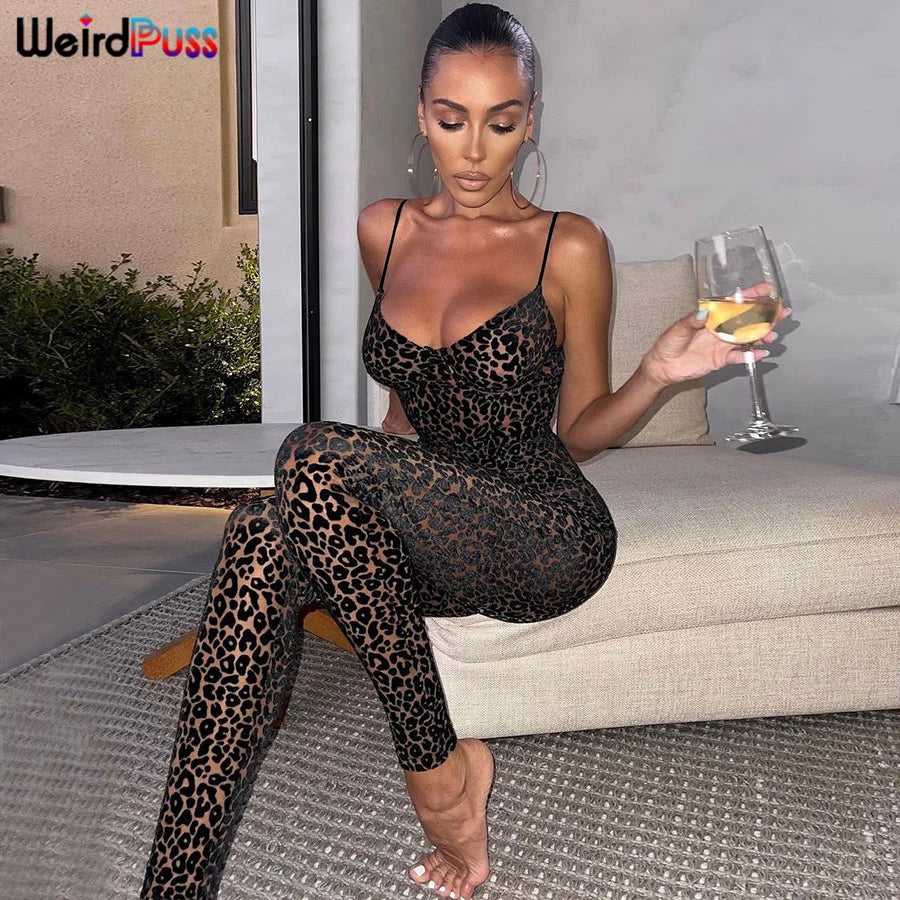 Sexy Leopard Print Skinny Jumpsuit for Women Sleeveless Backless Stretch Fit Workout Activewear Party Nightclub Outfit