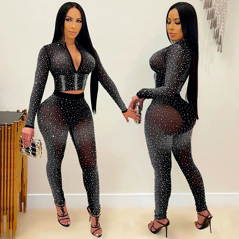 Sexy Black Diamond Crystal Pant Set for Women with Long Sleeve Zipper Top and Sheer Pants Suit for Parties and Clubs