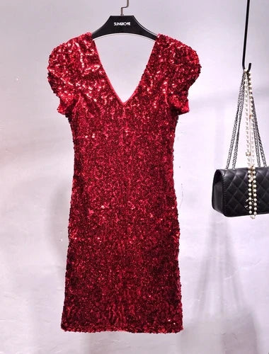 V Neck Sequin Stage Dress For Performance Glittering Look