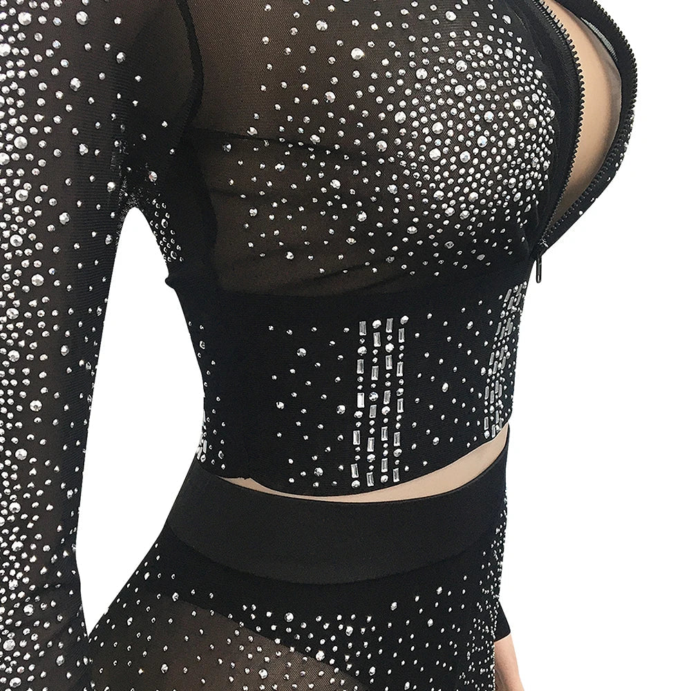 Sexy Black Diamond Crystal Pant Set for Women with Long Sleeve Zipper Top and Sheer Pants Suit for Parties and Clubs