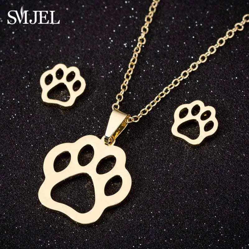Gold Color Cat Jewelry Set for Men with Hollow Cat Necklace and Paw Earrings
