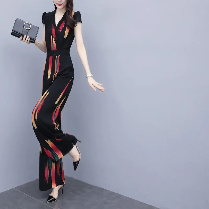 Women's Elegant V-Neck Bodysuit Jumpsuit with High Waist Wide Leg Pants Casual Printed Playsuit Romper