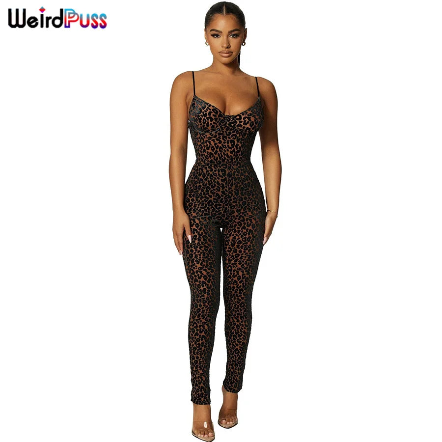 Sexy Leopard Print Skinny Jumpsuit for Women Sleeveless Backless Stretch Fit Workout Activewear Party Nightclub Outfit