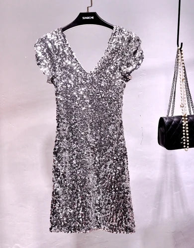 V Neck Sequin Stage Dress For Performance Glittering Look