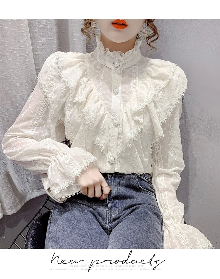 Elegant Women Long Sleeve Loose Button Shirt with Stand Collar Pleated Design Ruffle Lace Blouse Casual Spring Fashion Top